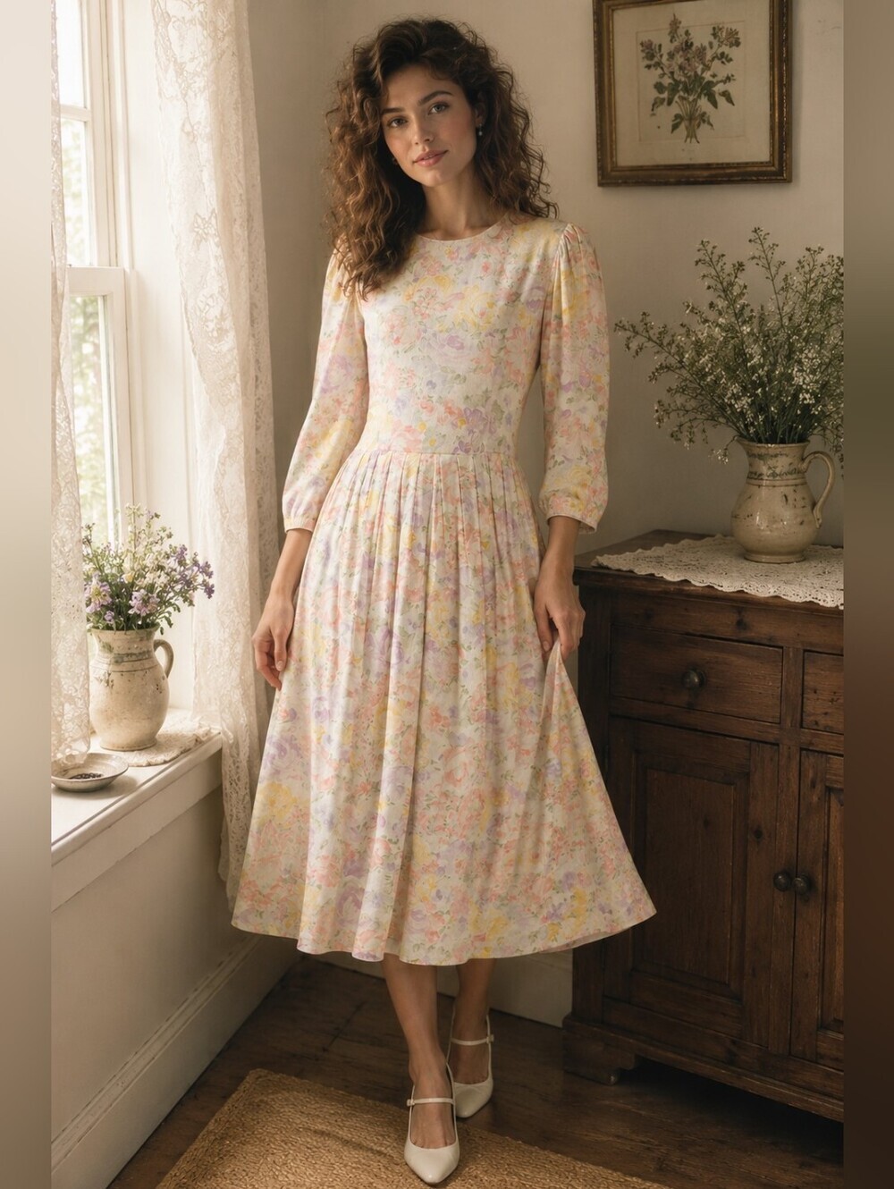 Vintage Lanz Originals Floral Tea Dress Women's 10 Puff Sleeve Cottage Country